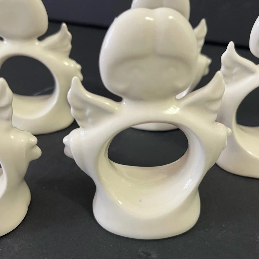 Vintage White Ceramic Angel Christmas Napkin Rings Holders Kitsch Retro MCM 5x